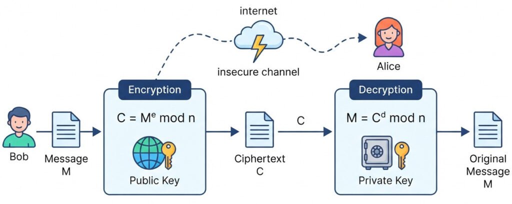 Clean infographic flowchart showing the RSA encryption and decryption process. On the left, 'Bob' has a message 'M'. An arrow points to a box labeled 'Encryption' with the formula C = M^e mod n and a 'Public Key' icon. The arrow continues to the resulting 'Ciphertext C'. A dashed line shows 'C' traveling across an insecure channel. On the right, 'Alice' receives 'C'. An arrow points to a box labeled 'Decryption' with the formula M = C^d mod n and a 'Private Key' icon. The final arrow points to the original message 'M'. Use a simple, modern, educational style.