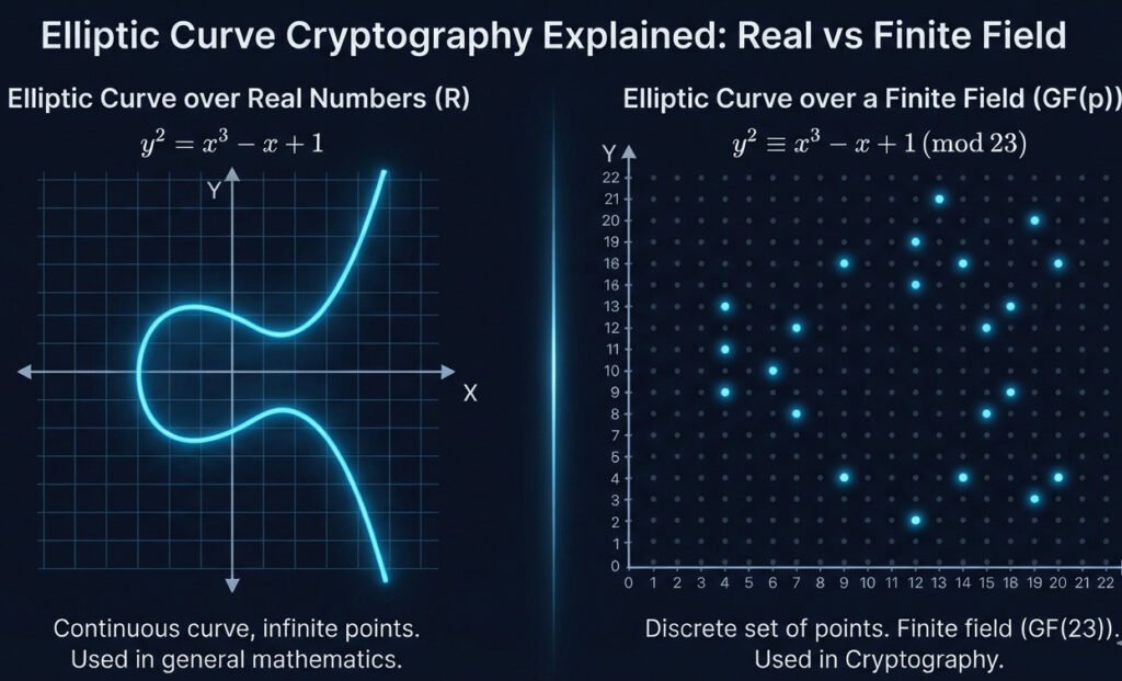 Split-screen educational diagram. On the left, a smooth, continuous glowing line representing an 'Elliptic Curve over Real Numbers'. On the right, a finite grid representing a 'Finite Field', with a sparse scatter plot of distinct, glowing points on it, labeled 'Elliptic Curve over a Finite Field'. The style should be a clean, scientific visualization, clearly contrasting the continuous line with the discrete set of points. For a blog post explaining Elliptic Curve Cryptography.