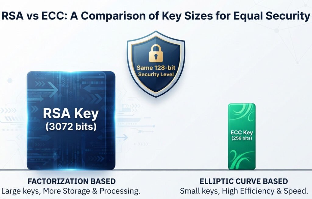 Clean, modern infographic comparing RSA and ECC key sizes for the same security level. On the left, show a very large, imposing block or bar labeled 'RSA Key (3072 bits)'. On the right, show a much smaller, sleeker block labeled 'ECC Key (256 bits)'. Both blocks should be underneath a single, overarching shield icon labeled 'Same 128-bit Security Level'. The visual contrast in size should be dramatic and immediately obvious. The style should be simple, clear, and educational. For a blog post on cryptography.