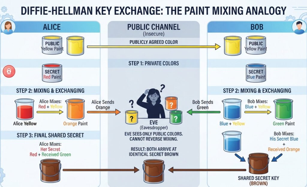 Clean infographic explaining the Diffie-Hellman key exchange using the paint mixing analogy. Use three columns for Alice, Public Channel, and Bob. Show Alice starting with public yellow paint and her secret red paint. She mixes them into orange and sends it to the public channel. Show Bob starting with public yellow paint and his secret blue paint. He mixes them into green and sends it to the public channel. In the final step, show Alice mixing her secret red with the received green, and Bob mixing his secret blue with the received orange, both arriving at the same final secret brown color. A shadowy Eve figure in the public channel is shown looking confused with only yellow, orange, and green paint. For a blog post on cryptography.
