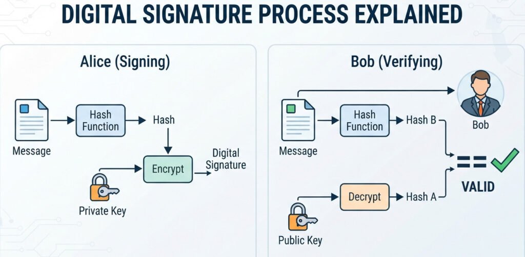 Clean infographic flowchart explaining the Digital Signature process. Split into two sections: 'Alice (Signing)' and 'Bob (Verifying)'. In Alice's section, show a 'Message' document going into a 'Hash Function' box, producing a 'Hash'. Then show the 'Hash' and a 'Private Key' icon going into an 'Encrypt' box, which outputs a 'Digital Signature'. In Bob's section, show him receiving the 'Message' and the 'Digital Signature'. The 'Message' goes into its own 'Hash Function' box, producing 'Hash B'. The 'Digital Signature' and a 'Public Key' icon go into a 'Decrypt' box, producing 'Hash A'. Finally, 'Hash A' and 'Hash B' are brought together with a large '==' comparison symbol that has a green checkmark, labeled 'VALID'. For a blog on cryptography.