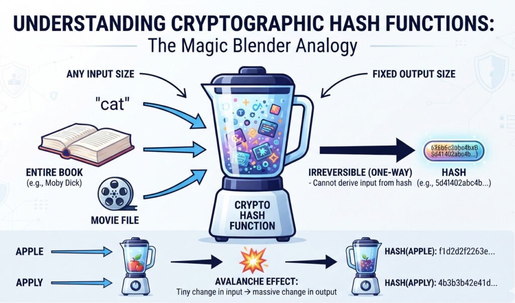 Clean infographic explaining the properties of a cryptographic hash function using a 'magic blender' analogy. Show a large blender in the center. On the left, various inputs are shown (a single word 'cat', a large book, a movie file icon) all pointing towards the blender. On the right, the blender's output spout is producing a single, small, fixed-size block of hexadecimal text labeled 'Hash'. Use icons and annotations to illustrate key properties: 'Any Input Size', 'Fixed Output Size', a one-way arrow for 'Irreversible (One-Way)', and a small explosion icon with the text 'Avalanche Effect: Tiny change in input -> massive change in output'. The style is modern, symbolic, and educational. For a blog post on cryptography.