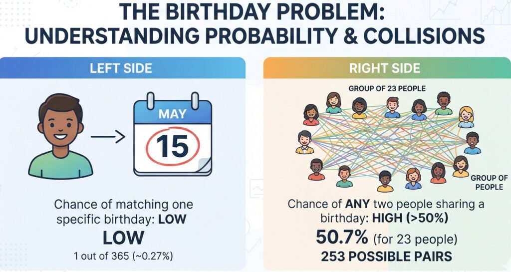 "Clean, modern infographic explaining the Birthday Problem. On the left, show a single person with an arrow pointing to a calendar, with the text 'Chance of matching one specific birthday: LOW'. On the right, show a group of 23 people, with many crisscrossing lines connecting pairs of people, representing the numerous possible pairs. This side is labeled 'Chance of any two people sharing a birthday: HIGH (>50%)'. Use simple, friendly icons for people and a clear calendar graphic. The style should be educational and visually intuitive. For a blog post on probability and cryptography."