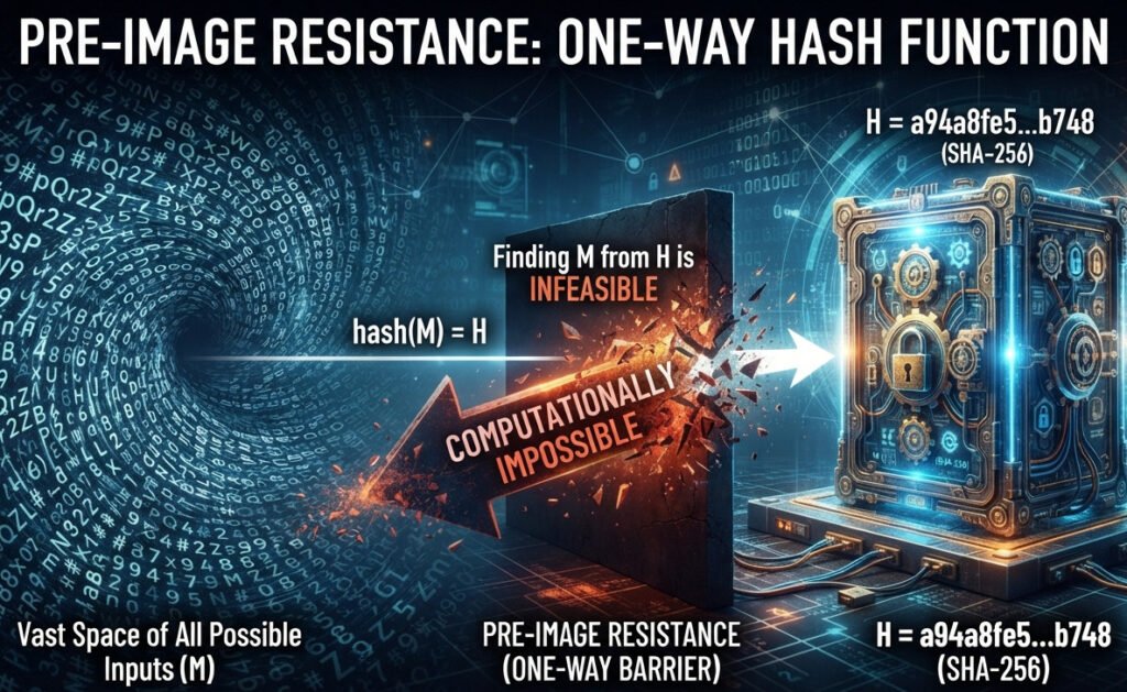 Conceptual digital art illustrating pre-image resistance. On the right, a single, intricate, glowing, and locked data vault labeled with a hexadecimal hash value. On the left, a vast, chaotic sea of jumbled letters, numbers, and symbols representing all possible inputs. A single, thin arrow points from the chaotic sea to the vault, labeled 'hash(M) = H'. A much larger, prominent arrow pointing from the vault back to the sea is shown as broken or blocked by a solid wall, with the text 'Finding M is Infeasible' or 'One-Way'. The art should visually convey that while one path created the hash, the reverse path is impossible. For a blog post on cryptography.