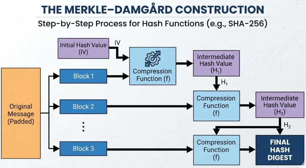 "Clean infographic flowchart explaining the Merkle–Damgård construction for a hash function like SHA-256. Show a 'Message' being broken into 'Block 1', 'Block 2', 'Block 3'. On the left, an 'Initial Hash Value (IV)' and 'Block 1' enter a 'Compression Function' box. An arrow from this box points to a 'New Hash Value'. This 'New Hash Value' and 'Block 2' then enter a second 'Compression Function' box, producing another 'New Hash Value'. This repeats for 'Block 3'. The final output from the last block's compression is labeled 'Final Hash Digest'. The style should be a clear, step-by-step process diagram. For a blog post on cryptography."
