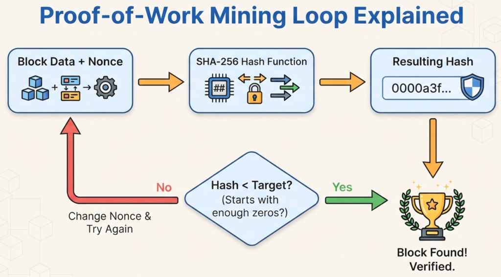 "Simple, clean infographic flowchart explaining the 'Proof-of-Work' mining loop. Start with a box containing 'Block Data + Nonce'. An arrow points to a 'SHA-256 Hash Function' box. An arrow from that points to a 'Resulting Hash' box. From the result, a diamond-shaped decision block asks 'Hash < Target? (Starts with enough zeros?)'. The 'No' arrow loops back to the 'Nonce' part of the first box with the text 'Change Nonce & Try Again'. The 'Yes' arrow points to a trophy icon labeled 'Block Found! Verified.' The style should be a clear, cyclical process diagram for a blog post on cryptocurrency mining."