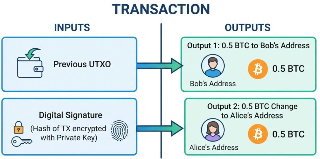 "Clean infographic showing the anatomy of a Bitcoin transaction. Show a large box labeled 'Transaction'. Inside, have two main sections. The 'Inputs' section on the left contains a box for a 'Previous UTXO' and another box below it labeled 'Digital Signature (Hash of TX encrypted with Private Key)'. The 'Outputs' section on the right contains two boxes: 'Output 1: 0.5 BTC to Bob's Address' and 'Output 2: 0.5 BTC Change to Alice's Address'. Arrows should clearly show the flow of value from inputs to outputs. Use simple icons for keys (private/public) and a fingerprint for the hash. For a blog post explaining blockchain."
