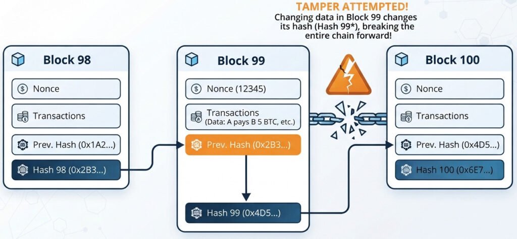 "Clean infographic diagram illustrating a blockchain. Show three blocks in a horizontal chain, labeled 'Block 98', 'Block 99', 'Block 100', connected by arrows. Inside Block 99, show fields for 'Nonce', 'Transactions', and a highlighted field 'Prev. Hash' containing the hash value from Block 98. An arrow points from all this data to the block's own 'Hash 99' at the bottom. The arrow connecting the blocks should originate from 'Hash 99' and point to the 'Prev. Hash' field inside Block 100. Add a visual element like a 'break' or a 'shatter' effect on the chain between Block 99 and 100, with a caption: 'Changing data in Block 99 changes its hash, breaking the entire chain forward!' For a blog post explaining blockchain technology."