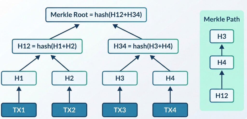 "Clean infographic diagram illustrating a Merkle Tree. At the bottom, show four boxes labeled 'TX1', 'TX2', 'TX3', 'TX4', representing transactions. Arrows point up from each transaction to a new box containing its hash, labeled 'H1', 'H2', 'H3', 'H4' (the leaves). Arrows from H1 and H2 point up to a box labeled 'H12 = hash(H1+H2)'. Arrows from H3 and H4 point up to a box labeled 'H34 = hash(H3+H4)'. Finally, arrows from H12 and H34 point up to the top-most box, labeled 'Merkle Root = hash(H12+H34)'. To the side, highlight the 'Merkle Path' for TX3, showing that you only need H3, H4, and H12 to reconstruct the root. The style should be a clear, hierarchical tree structure. For a blog post explaining blockchain."
