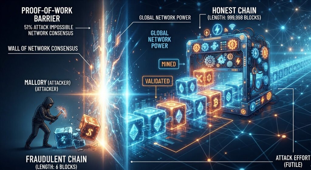 "Conceptual digital art illustrating the security of Proof-of-Work. Depict a long, solid chain of blockchain blocks stretching into the distance, labeled 'Honest Chain'. A single attacker figure, 'Mallory', is at the beginning of a much shorter, separate, and broken chain labeled 'Fraudulent Chain'. She is trying to build her chain with a small pickaxe, while the honest chain is being built by a massive, powerful construction machine, representing the global network power. A huge, insurmountable wall of energy or light separates her from catching up. The art should convey the futility and immense effort of her task. For a blog post on blockchain security."