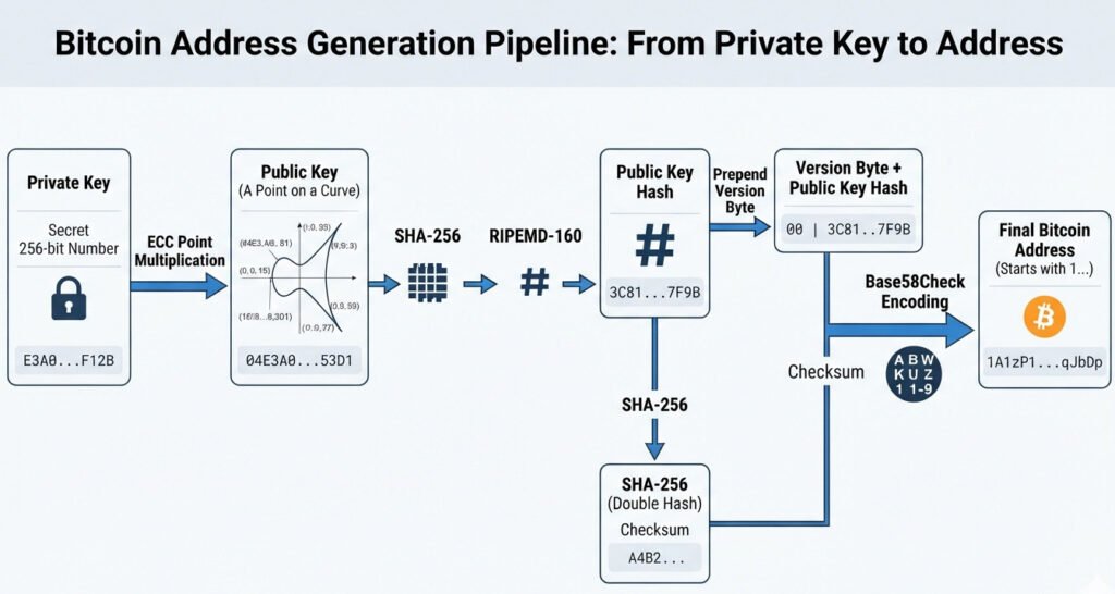 "Clean infographic flowchart showing the Bitcoin address generation pipeline. Start on the left with a 'Secret 256-bit Number' (Private Key). An arrow labeled 'ECC Point Multiplication' points to a 'Public Key (A Point on a Curve)'. An arrow points to a box labeled 'SHA-256', then to a box 'RIPEMD-160', resulting in a 'Public Key Hash'. An arrow shows a 'Version Byte' being prepended. A parallel process shows this result being double-hashed to create a 'Checksum', which is then appended. A final, large arrow points to a box on the right labeled 'Base58Check Encoding', which outputs a 'Final Bitcoin Address (Starts with 1...)'. Use simple icons and a clear, left-to-right flow. For a blog post on blockchain technology."