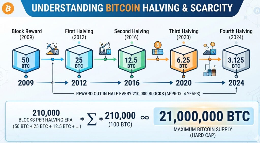 "Clean, modern infographic explaining the Bitcoin halving and supply limit. Show a timeline from left to right, marked with years (2009, 2012, 2016, 2020, 2024...). At each point, show a block icon with the block reward value inside (50 BTC, 25 BTC, 12.5 BTC, 6.25 BTC...). Below the timeline, show the mathematical series: '210,000 * (50 + 25 + 12.5 + ...)' leading to a large, prominent final number: '21,000,000 BTC'. The style should be educational, clear, and visually appealing. For a blog post on cryptocurrency mathematics."