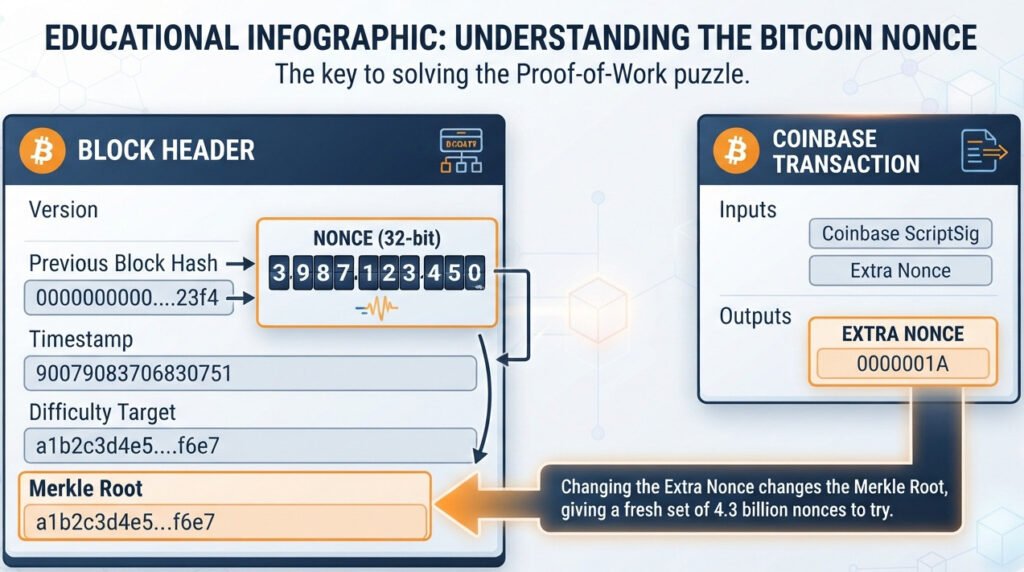 "Educational infographic explaining the Bitcoin nonce. On the left, show a large box labeled 'Block Header' with fixed fields like 'Previous Hash' and 'Merkle Root'. Inside, highlight a small, separate field labeled 'Nonce (32-bit)' with a rapidly spinning counter from 0 to 4.3 billion. On the right, show a smaller box labeled 'Coinbase Transaction' with a highlighted field inside labeled 'Extra Nonce'. An arrow points from the 'Extra Nonce' to the 'Merkle Root' field in the header, with a caption: 'Changing the Extra Nonce changes the Merkle Root, giving a fresh set of 4.3 billion nonces to try.' The style should be clear and show the relationship between the two nonces. For a blog post on blockchain."